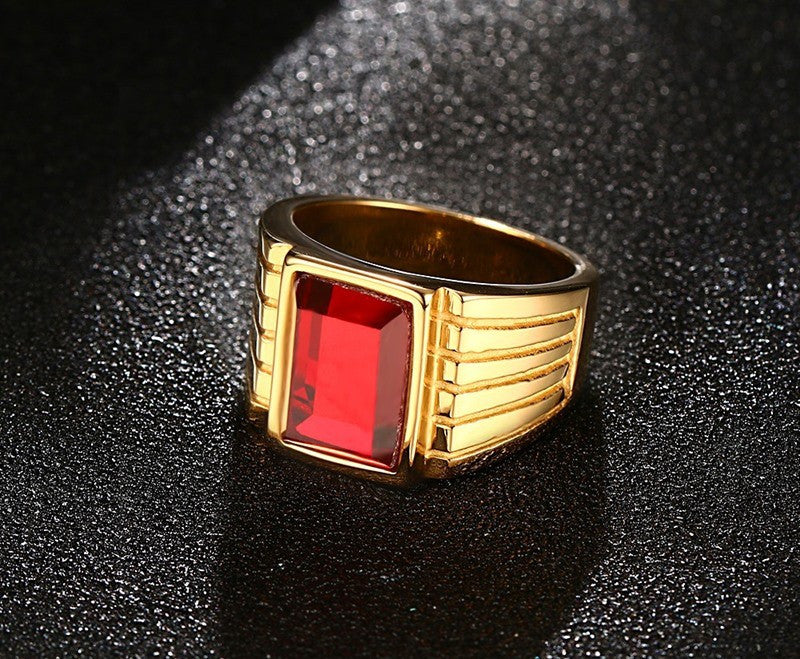 Men's Square Red Stone Rings Gold-Plated Steel Jewelry Bague Anillos - FanFreakz
