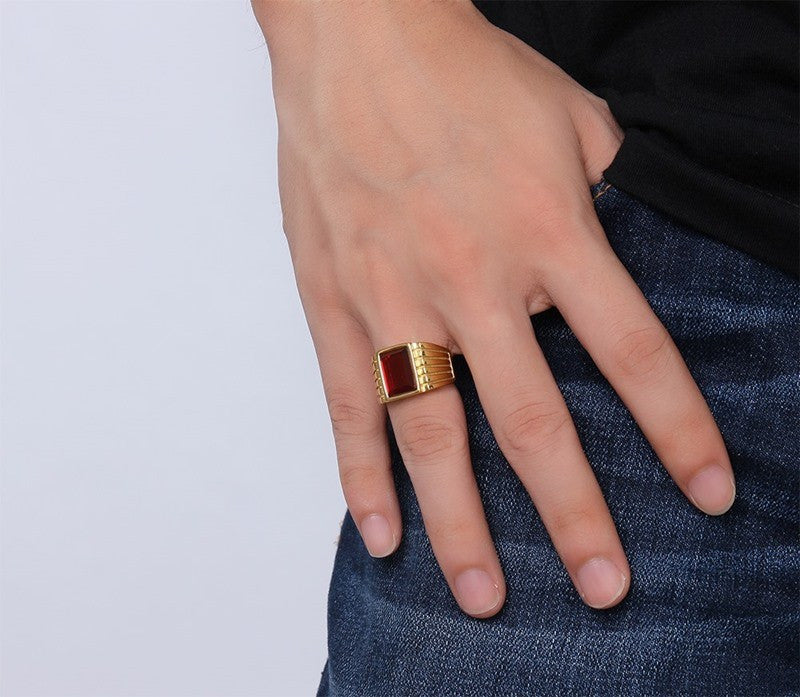 Men's Square Red Stone Rings Gold-Plated Steel Jewelry Bague Anillos - FanFreakz