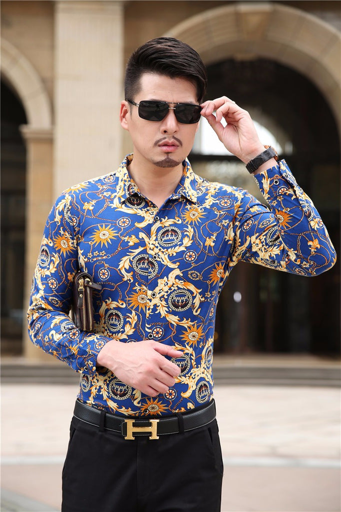 Long Sleeve Mens Printed Dress Shirts Luxury Style - FanFreakz