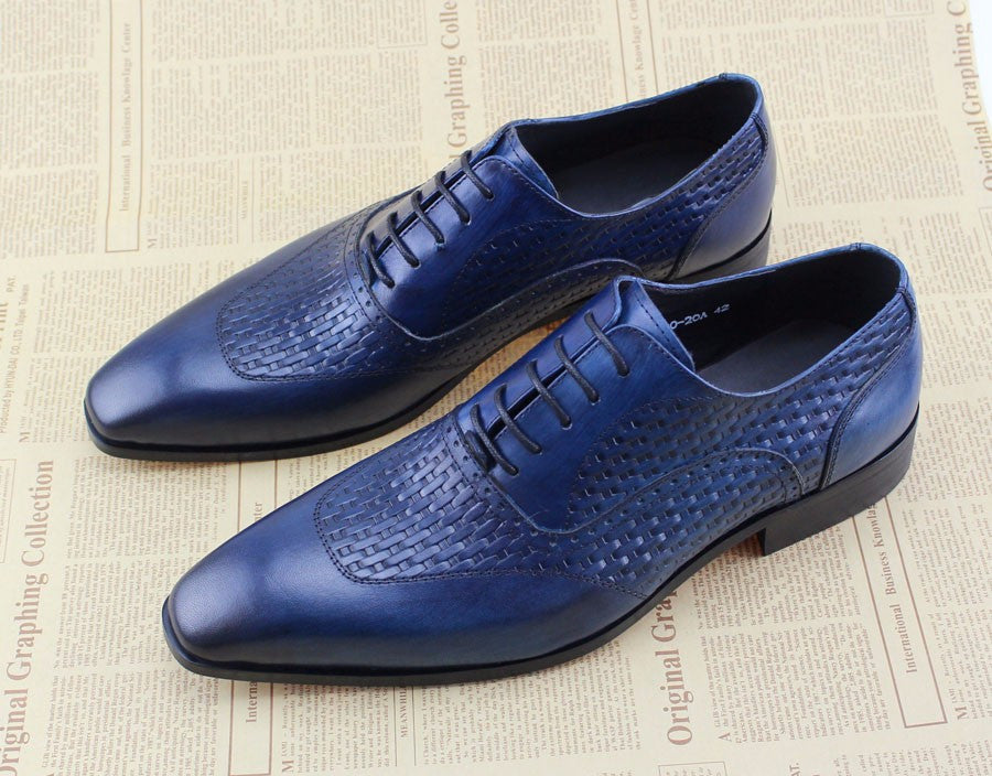 Men Blue Oxford Shoes on Woven Leather Patched Style - FanFreakz