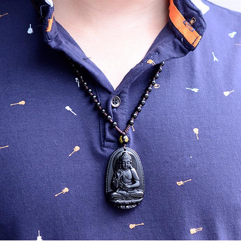 Unique Natural Black Obsidian Hand-Carved Buddha Lucky Amulet Pendant Men Necklace - FanFreakz