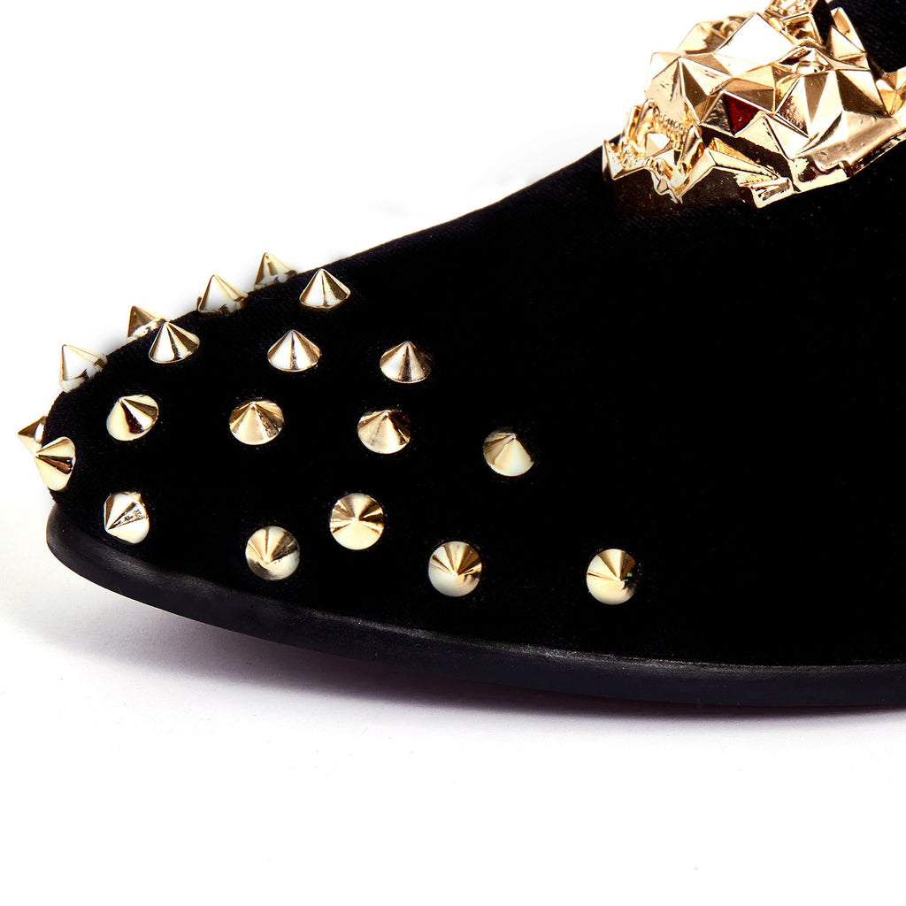 Rivets Black Men Velvet Loafers Shoes with Animal Buckle - FanFreakz