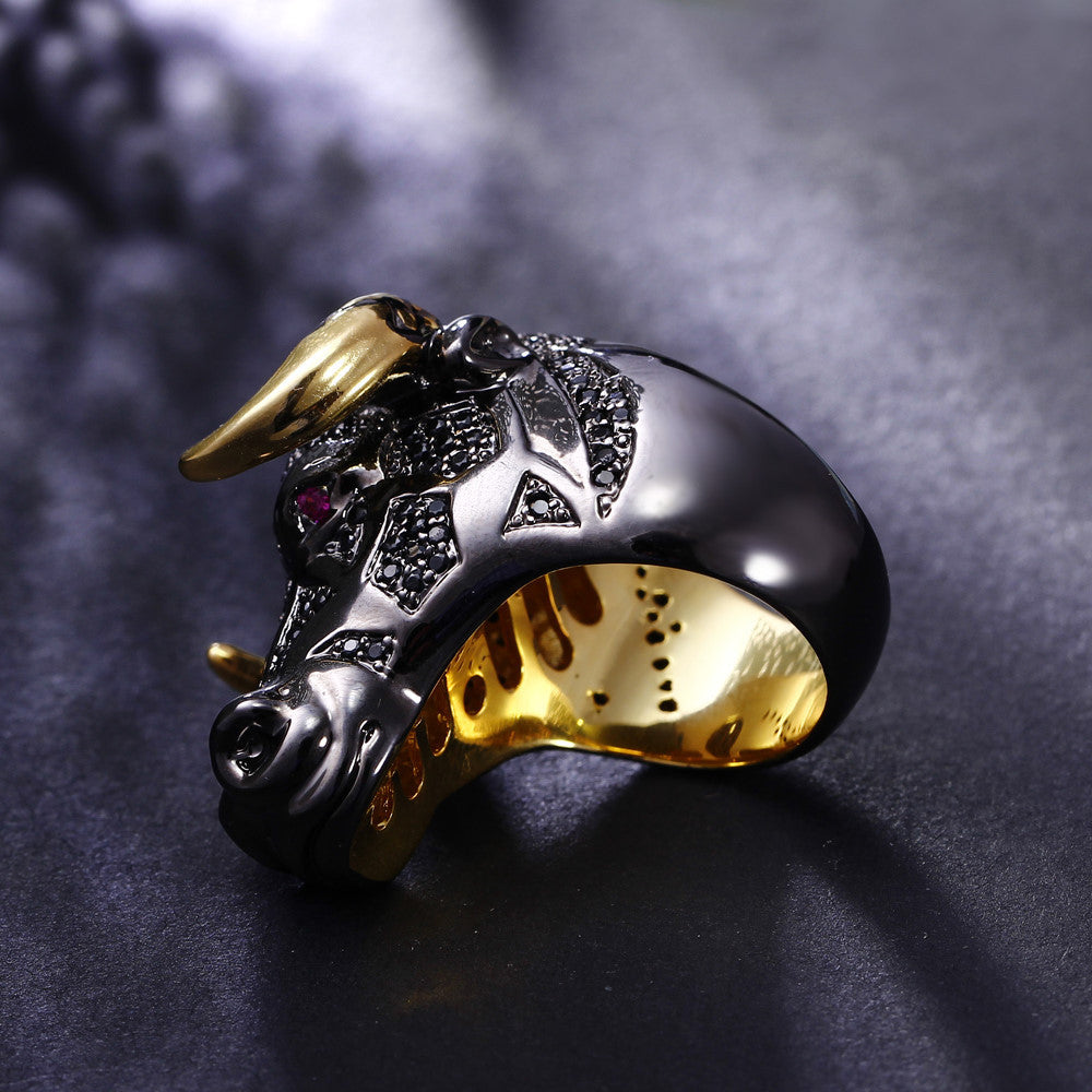 Lucky Bull Black Face Golden-Color Horns Punk Design Ring for Men - FanFreakz
