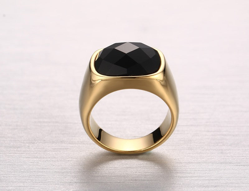 Gold-Color Stainless Steel Men Black Onyx Ring - FanFreakz