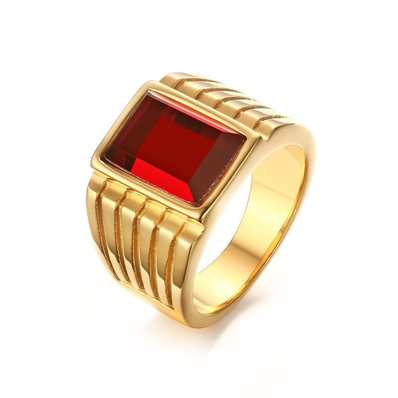 Men's Square Red Stone Rings Gold-Plated Steel Jewelry Bague Anillos - FanFreakz