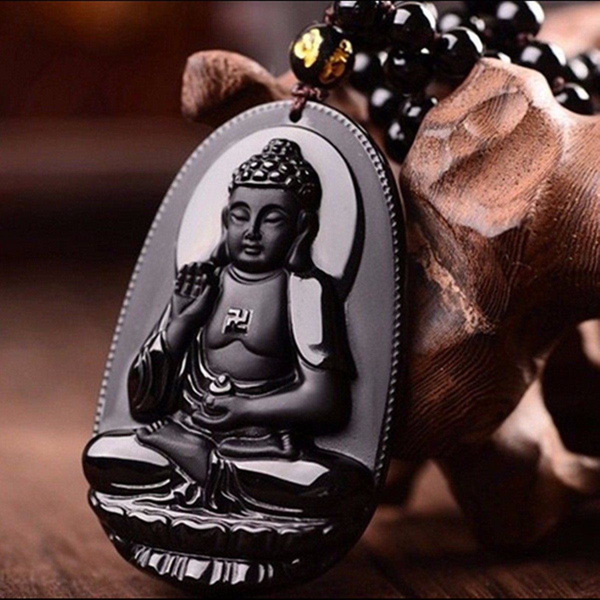 Unique Natural Black Obsidian Hand-Carved Buddha Lucky Amulet Pendant ...