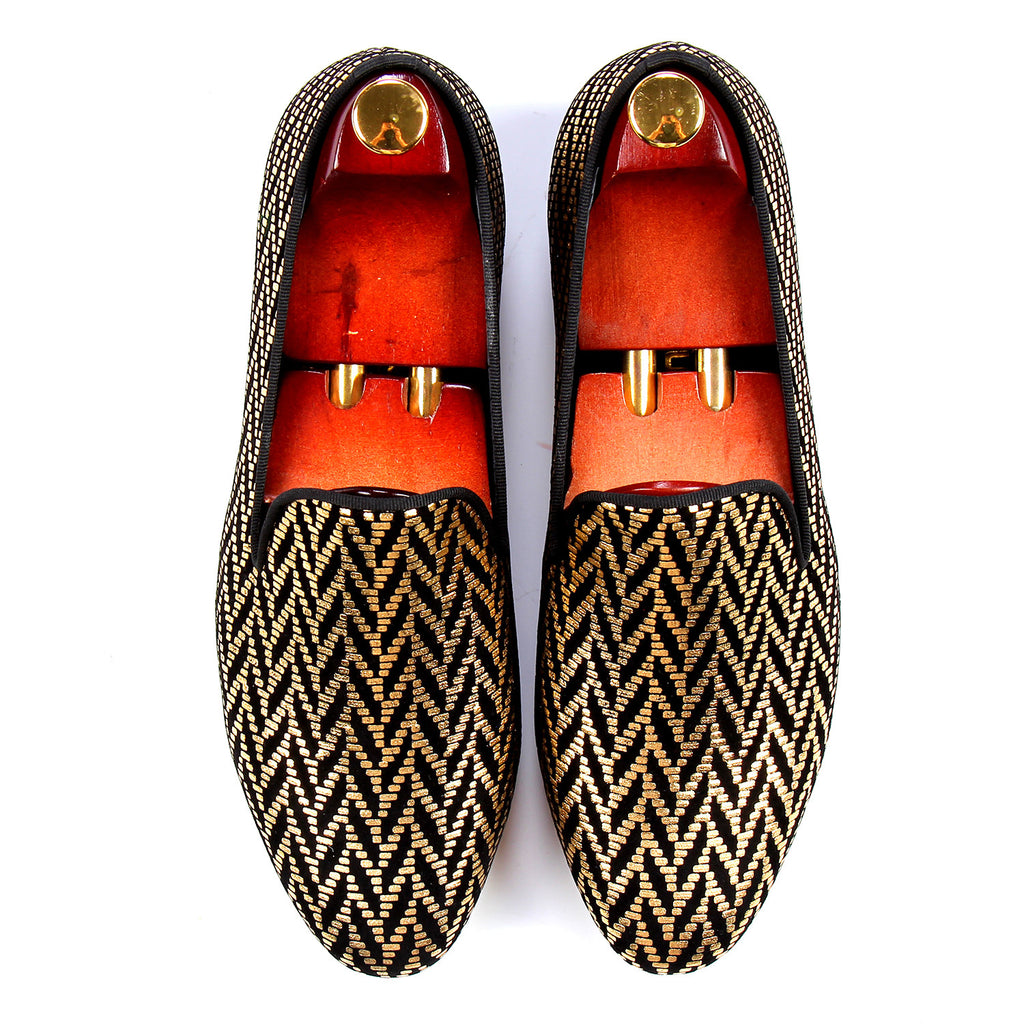 Gold Glitter Printed Men Flat Loafers Shoes - FanFreakz