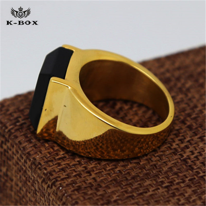 Black Square Agate Men's Gold Color Stainless Steel Ring - FanFreakz