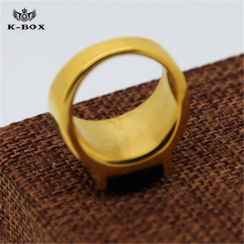 Black Square Agate Men's Gold Color Stainless Steel Ring - FanFreakz