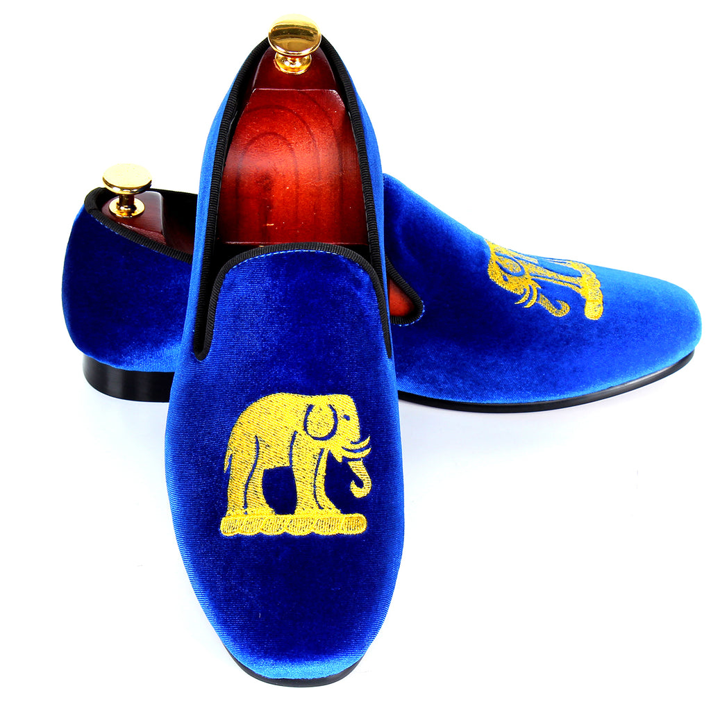 Blue Velvet Men Loafers with Elephant Embroidery - FanFreakz
