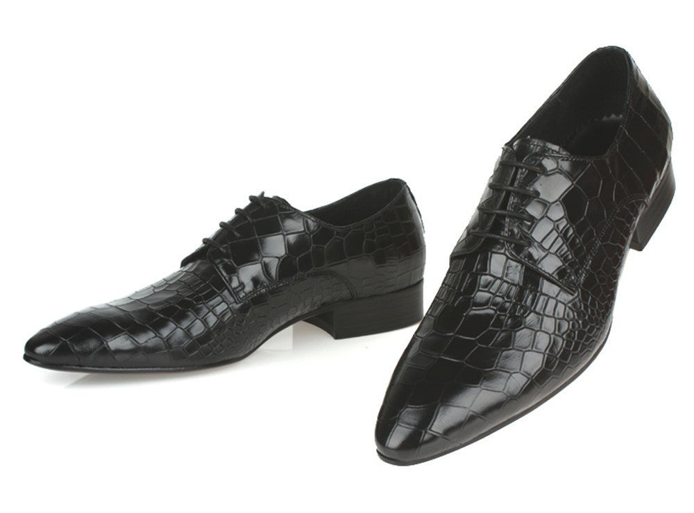 Pointed Toe Croco Embossed Pattern Men Derby Shoes - FanFreakz