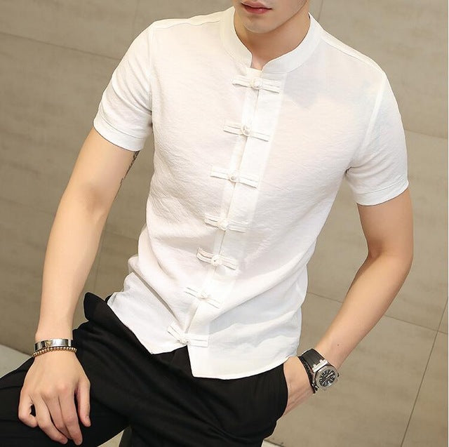 Kungfu Style Linen Men Short Sleeves Shirt with Chinese Button Knot Style - FanFreakz