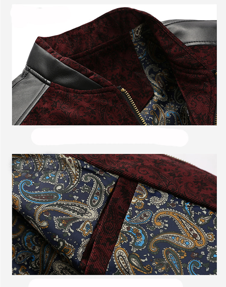 Contrast Paisley Pattern Combination Style PU Leather Sleeves Men Slim Fit Jacket - FanFreakz