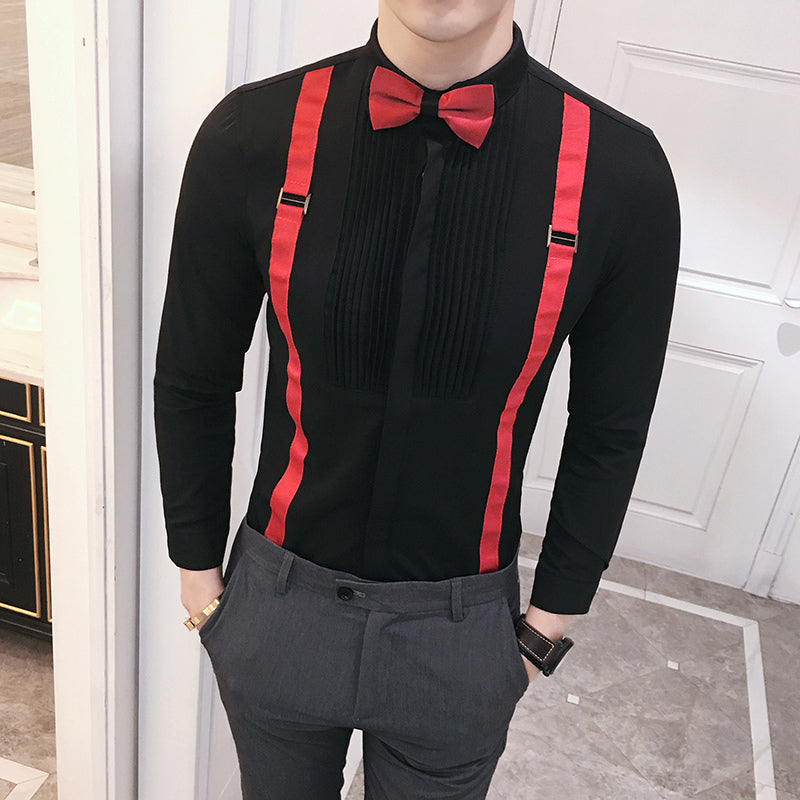 Bow Tie with Suspender Detail Men Long Sleeve Dress Shirt - FanFreakz