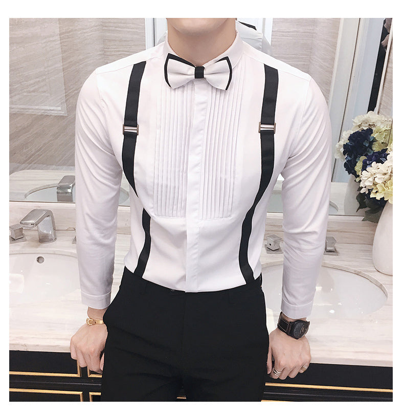 Bow Tie with Suspender Detail Men Long Sleeve Dress Shirt - FanFreakz