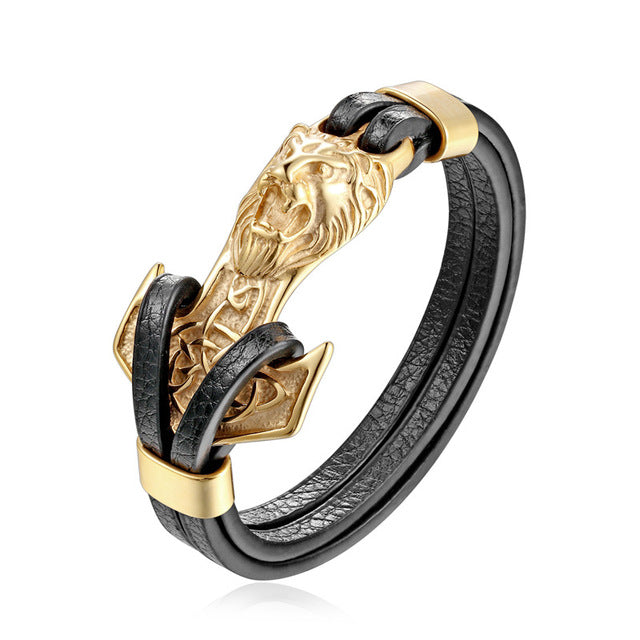 Gold Leo Stainless Steel Anchor Black Leather Men Bracelets - FanFreakz