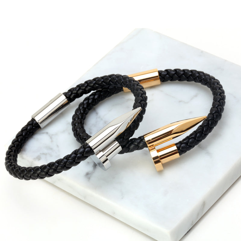 Titanium Nail Braided Leather Men Bangle Bracelets - FanFreakz