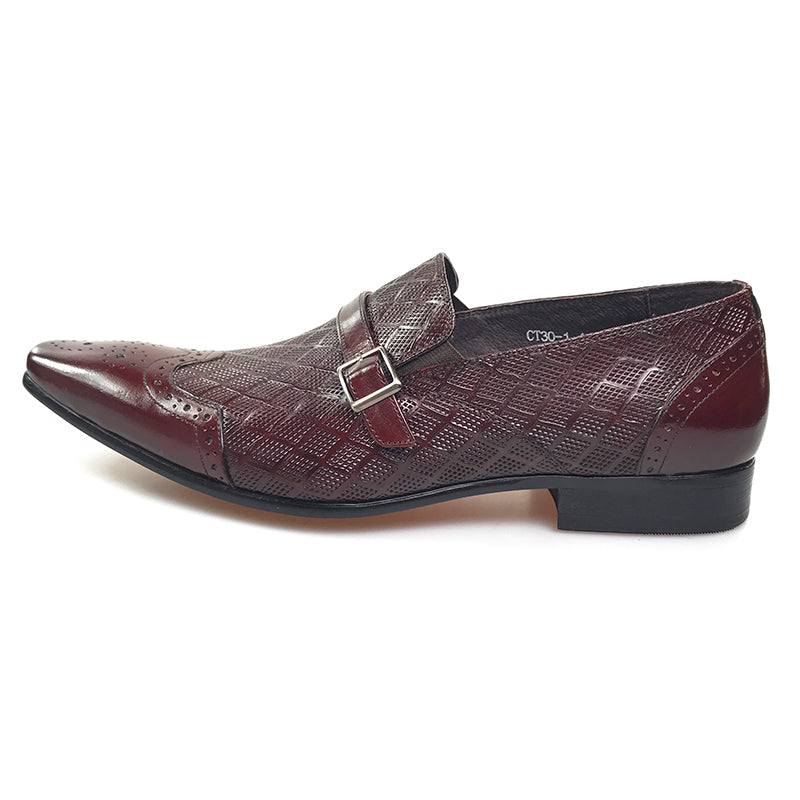 Patterned Leather Men Wingtip Loafers with Small Buckle on Leather Strap Detail - FanFreakz