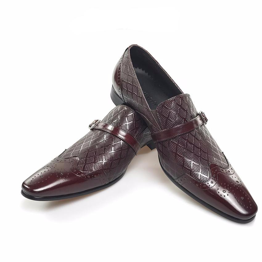 Patterned Leather Men Wingtip Loafers with Small Buckle on Leather Strap Detail - FanFreakz