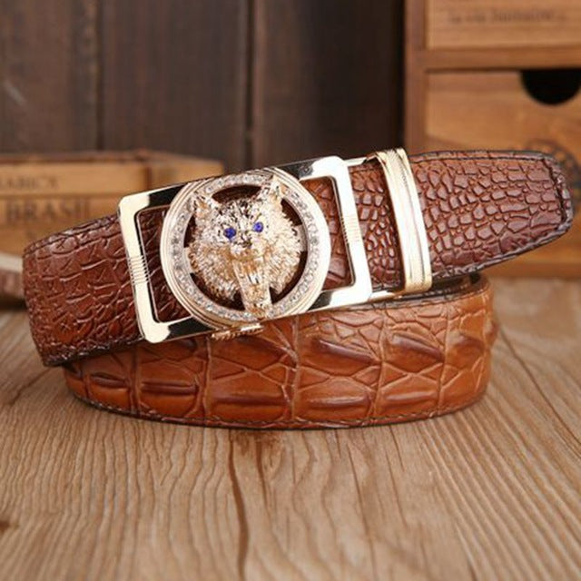 Gold color Wolf Head Buckle Croco Men Belt - FanFreakz