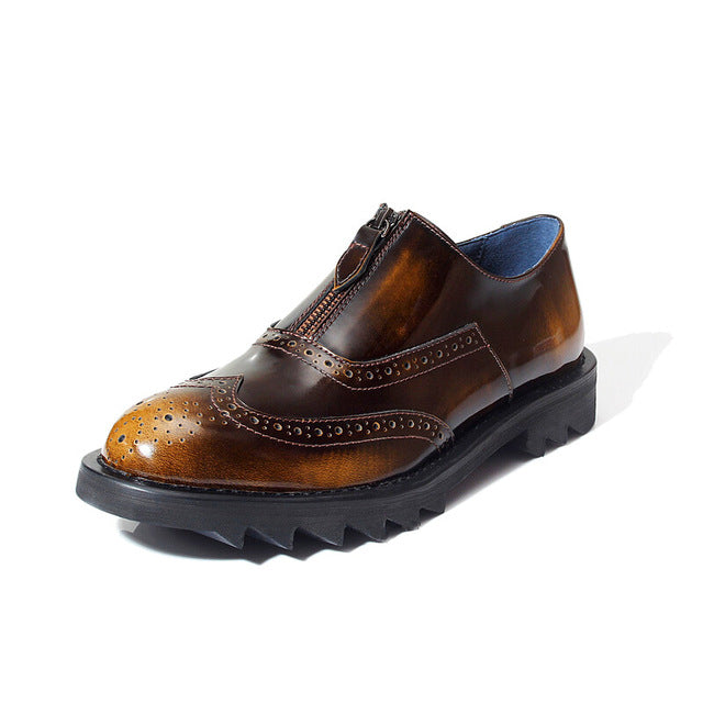 Carved Wingtip Retro Big Sole Men Genuine Leather Round Toe Brogue Shoes - FanFreakz