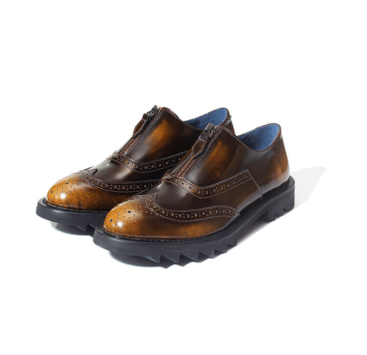 Carved Wingtip Retro Big Sole Men Genuine Leather Round Toe Brogue Shoes - FanFreakz