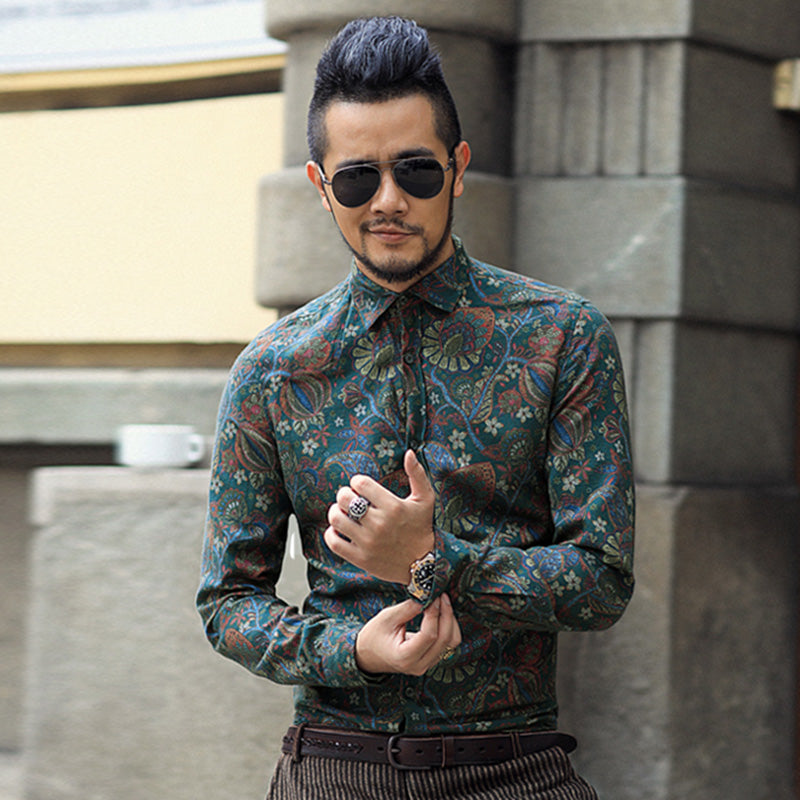Bold Color with Floral Pattern Detail Men Long Sleeves Slim Fit Shirt - FanFreakz