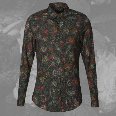 Bold Color with Floral Pattern Detail Men Long Sleeves Slim Fit Shirt - FanFreakz