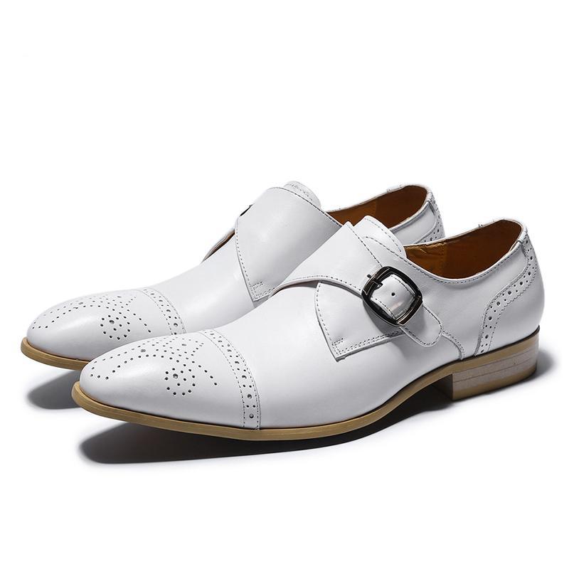 Single Monk Strap White Men Formal Shoe with Perforated Details on The Toe - FanFreakz