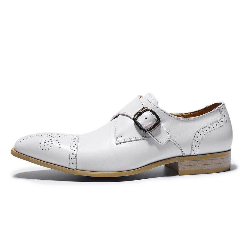 Single Monk Strap White Men Formal Shoe with Perforated Details on The Toe - FanFreakz