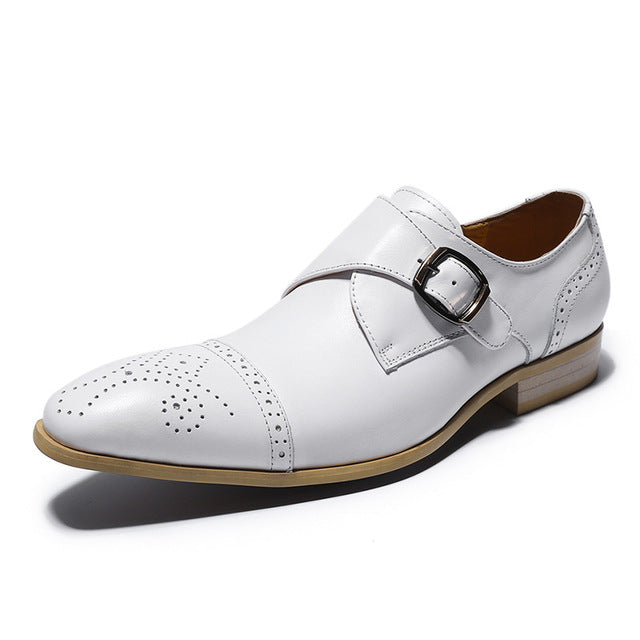 Single Monk Strap White Men Formal Shoe with Perforated Details on The Toe - FanFreakz