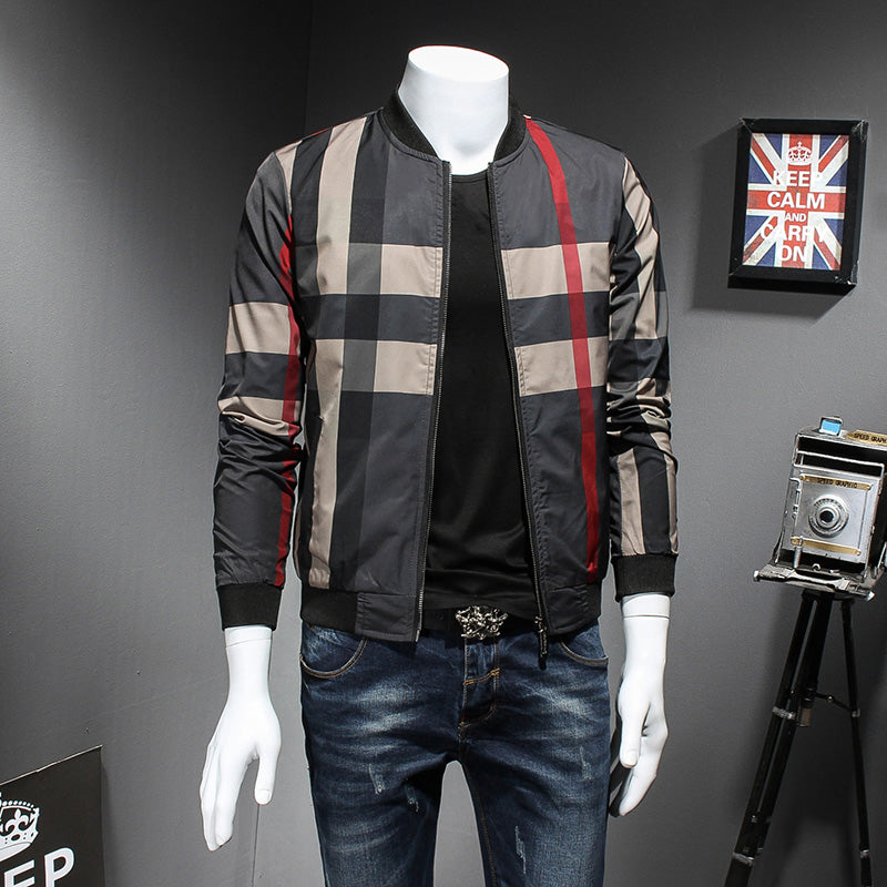 Plaid Printed With Red Line Casual Fashion Men Bomber Jacket - FanFreakz