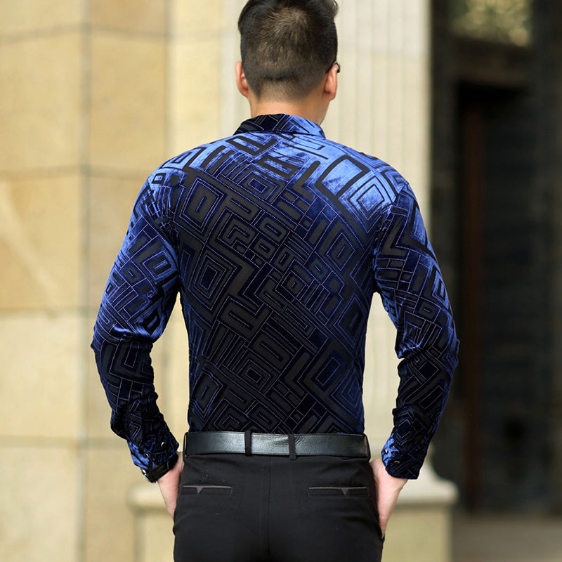 Geometric Pattern Velvet Slim Fit Men Long Sleeves Shirt - FanFreakz