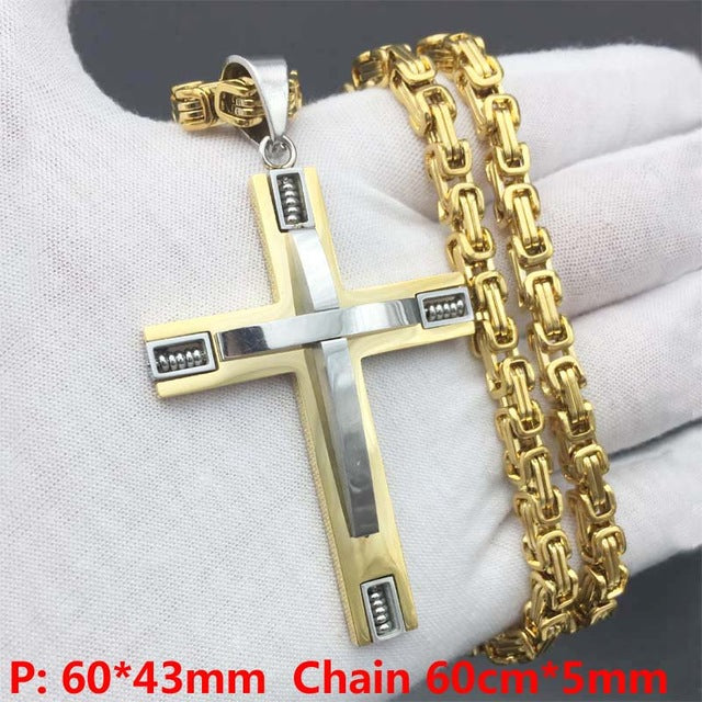 Byzantine Box Chain Link Gold/Silver Tone Men Stainless Steel Cross Pendant Necklace - FanFreakz