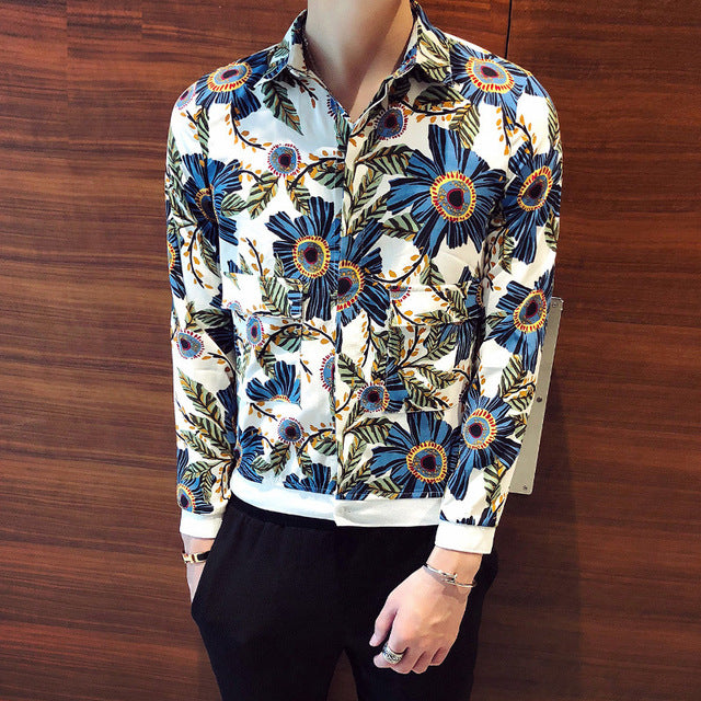 Blind Placket Floral Men Patch Pocket Long Sleeves Shirt - FanFreakz