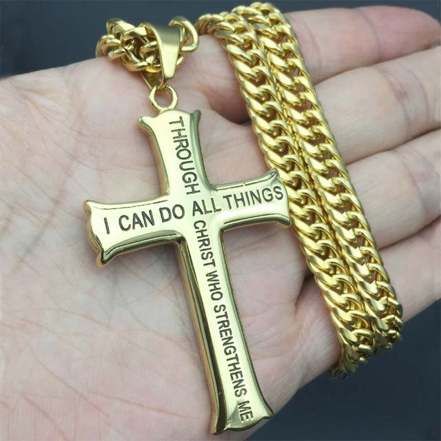 Bible Verse With Curb Chain Gold/Silver  Stainless Steel Cross Pendant Necklace - FanFreakz