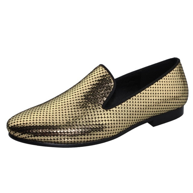 Gold Sequin Pattern Men Loafer Shoes