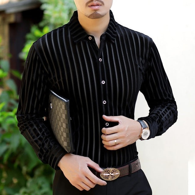 Elegant Stripe Men Business Style Velvet Slim Shirt - FanFreakz