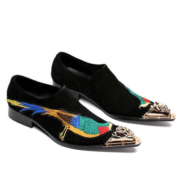 Embroidery Peacock Detail Metal Toe Men Loafers Shoes - FanFreakz
