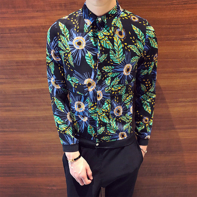 Blind Placket Floral Men Patch Pocket Long Sleeves Shirt - FanFreakz