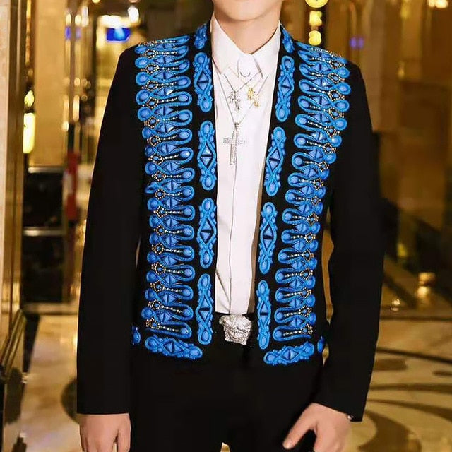 Black Court Pattern in Blue Sequin Embroidery Design Men Blazer - FanFreakz