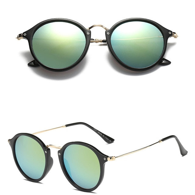 Retro Polarized Sunglasses Men Round Silver Alloy Dark Green Resin