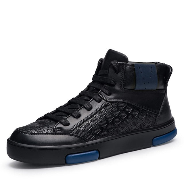 Casual Lace Up with Blue Mark Detail Men Leather High Top Sneakers - FanFreakz