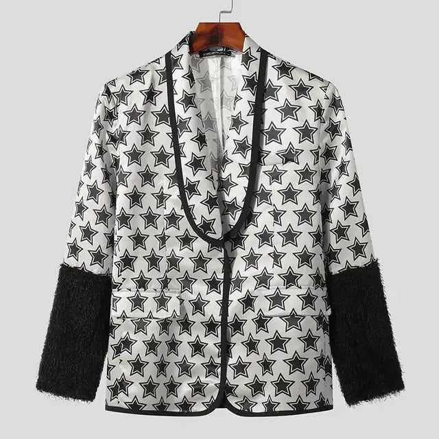 Star Printed Patchwork Plush Cuff Blazer