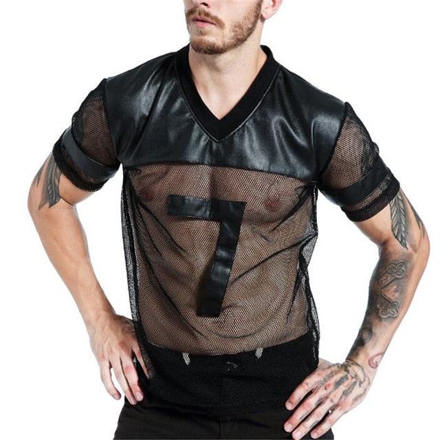 Black Faux Leather with Sexy See Through Mesh Design Men V Neck T-shirt - FanFreakz