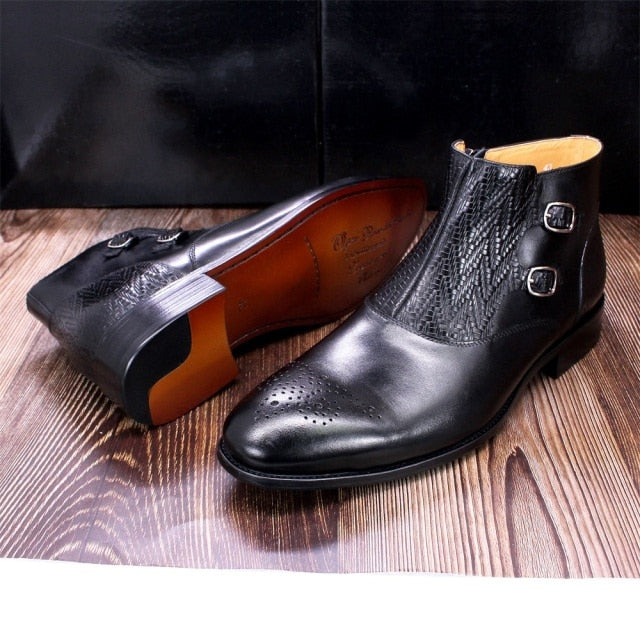 Genuine Leather Handmade Zip Double Buckles Ankle Boots