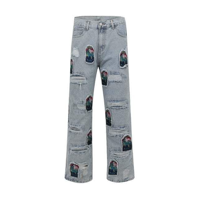 Trendy High Street Mens Fashion Designer Jeans Blue Denim Flared Pants Pant  Youth Rivet Print Patch White Jean Embroidery Boys Kecks