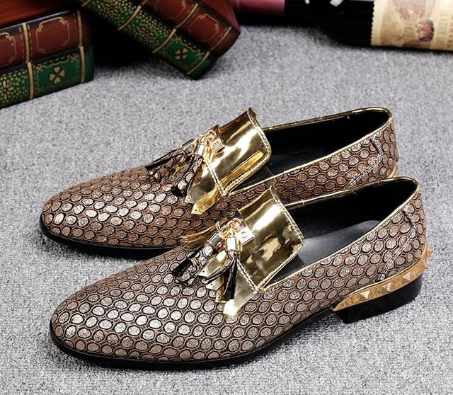 Slip On Tassel Pattern Leather Gold Rivet Men Loafers