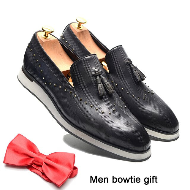 Genuine Leather Rivet Tassel Loafers