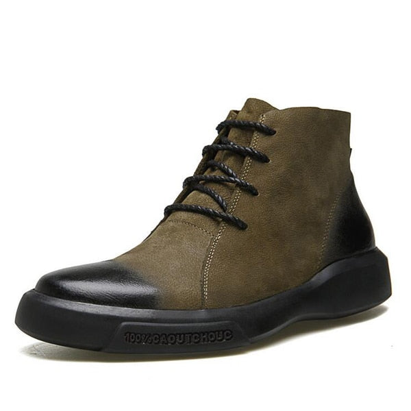 Black Green Lace Up Leather Combination Men Ankle Boots - FanFreakz